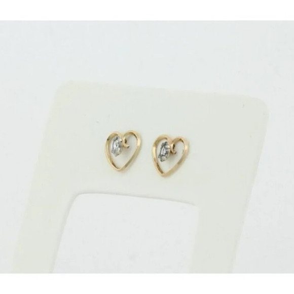 14k Yellow Gold Cubic Zirconia Heart Earrings Stud Post - Picture 6 of 7